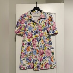 Olivaceous White Floral Mini Dress with Pink, Blue & Yellow Blooms